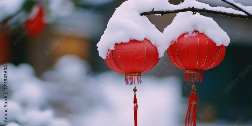 Poster A snowy tree with two red lanterns hanging from its branches