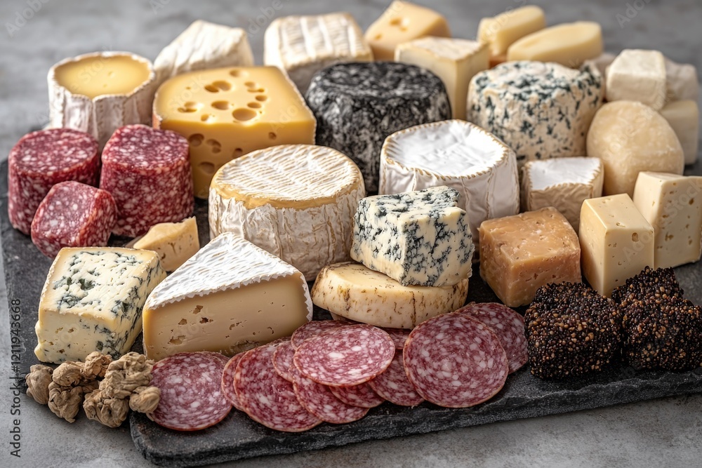 Poster A selection of various cheeses and cured meats on a serving board