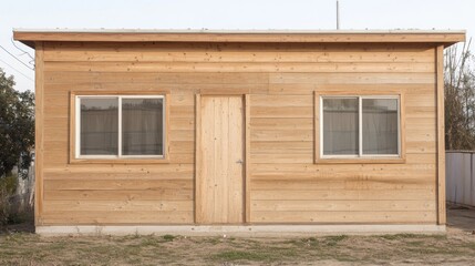 Small, simple wooden house with two windows and a door.