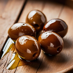 Brown olives and oil on wooden board