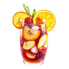 A vibrant and fruity Sangria cocktail with red wine and fresh fruit slices, garnished with orange wheels, against an isolated white background