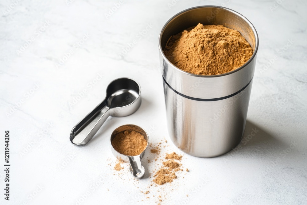 Poster a blender sits on a surface with a scoop of powdered substance next to it, waiting for use