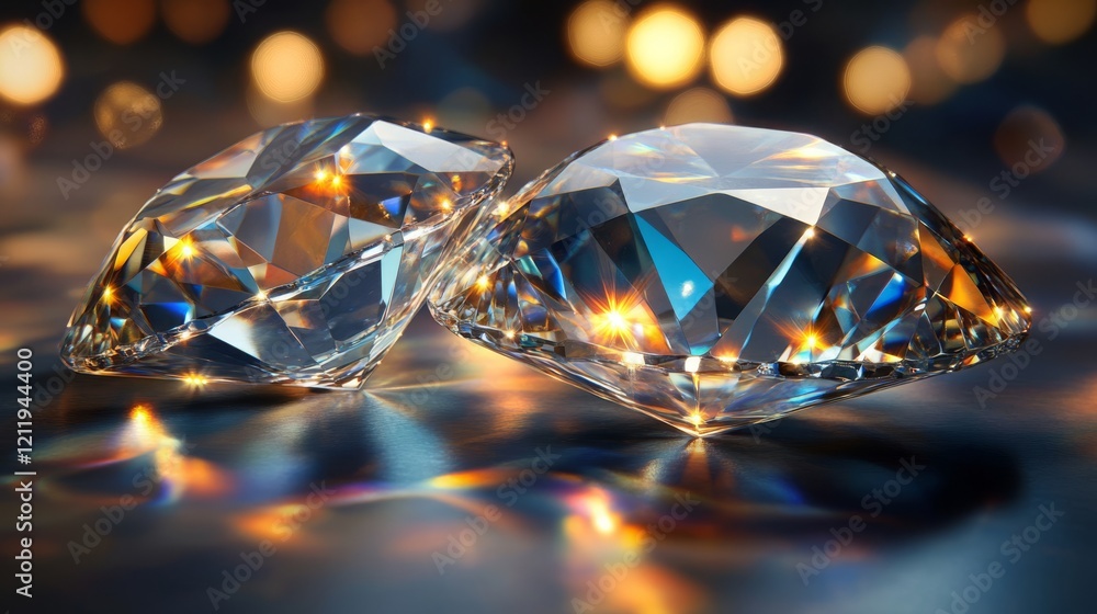 Poster sparkling close-up of two shimmering diamonds on reflective surface with bokeh lights