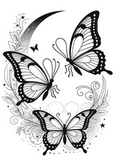 Fototapeta premium Three Butterflies on a Crescent Moon with Floral Designs