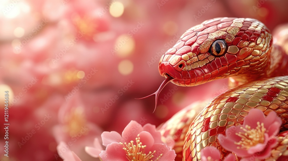 Poster close-up of a snake surrounded by flowers, suitable for use in editorial or educational content