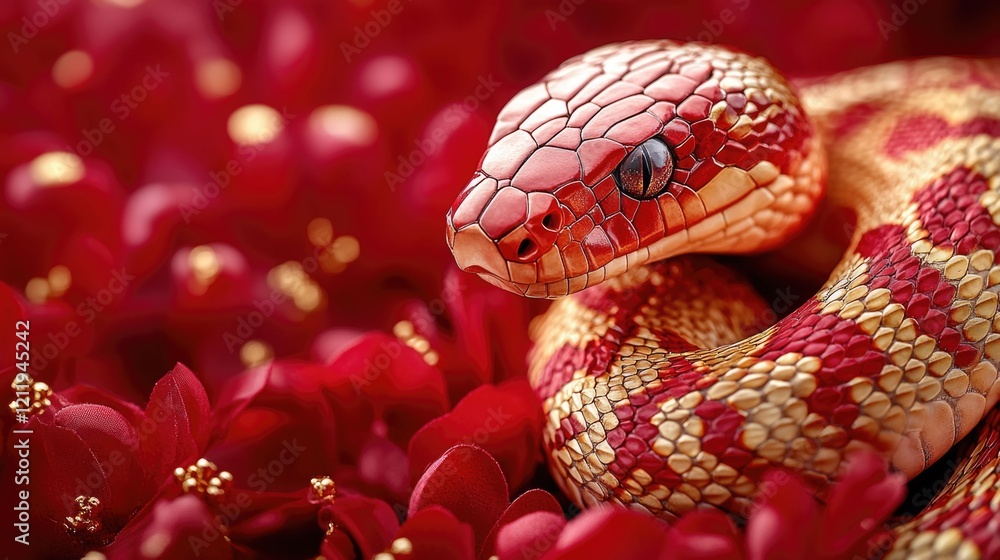 Poster a close-up shot of a snake coiled around red flowers in the background