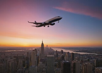 A blue and white airplane is currently flying high over a city