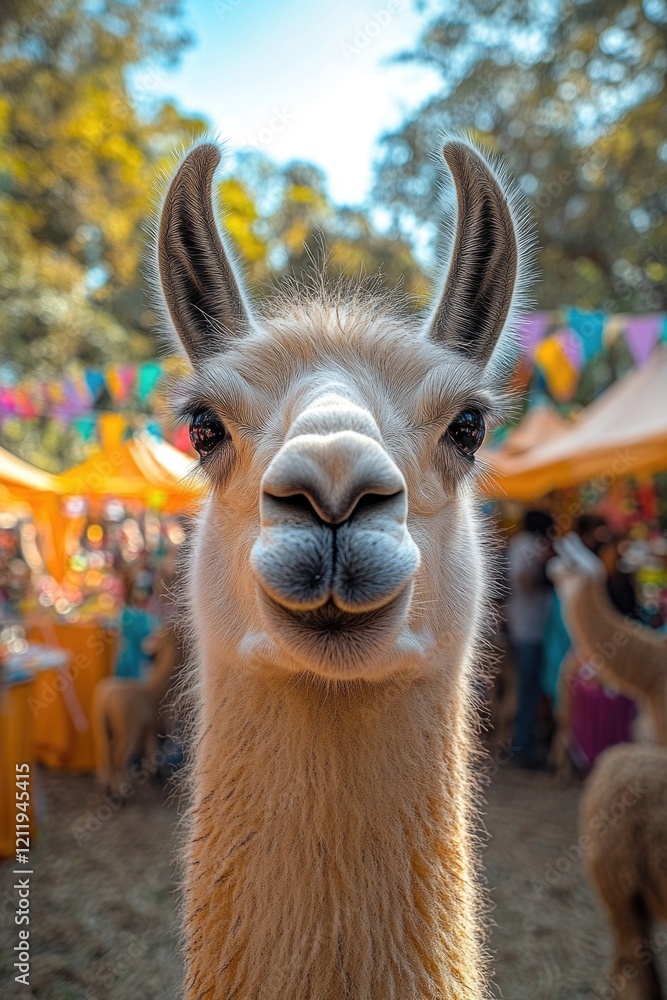 Poster close-up of a llama's face surrounded by a crowd of people in the background