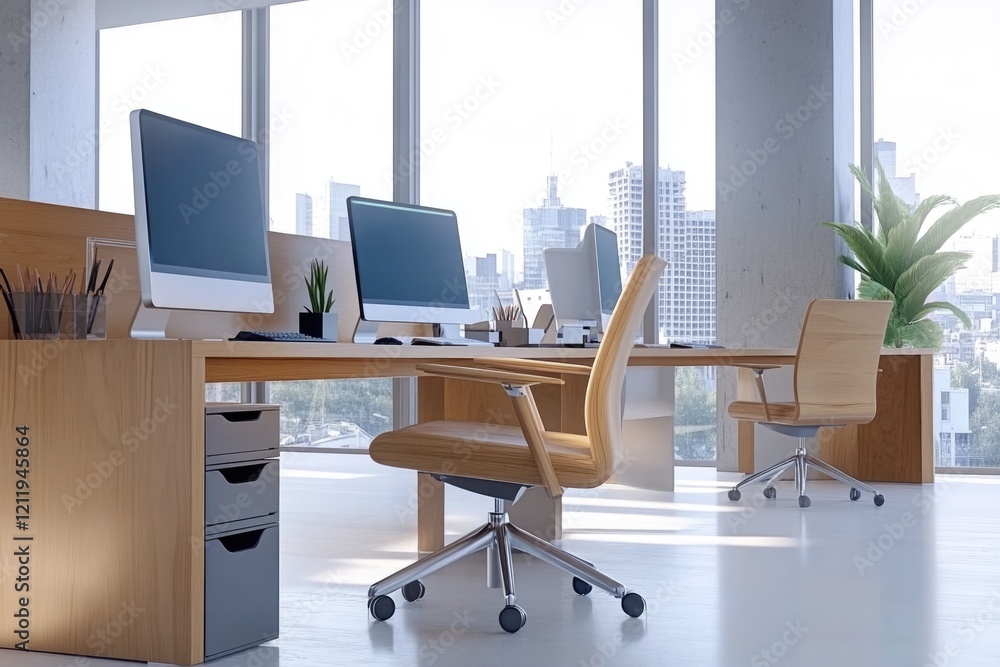 Poster Two computers sit on a desk, accompanied by a chair, in front of a window