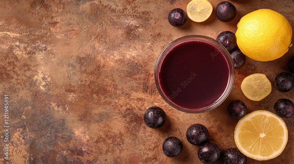 Aufkleber fresh acai juice in glass surrounded by berries and lemon on textured background with copy space for