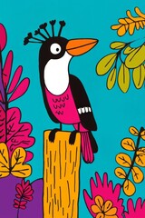 Vibrant and Colorful Woodpecker Illustration Perched on a Tree with Bright Background and Lush Foliage