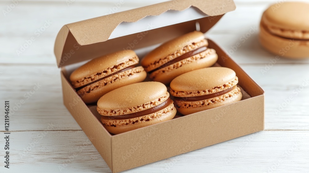 Poster delicious macarons in a decorative box on a rustic wooden table with space for text and branding opt