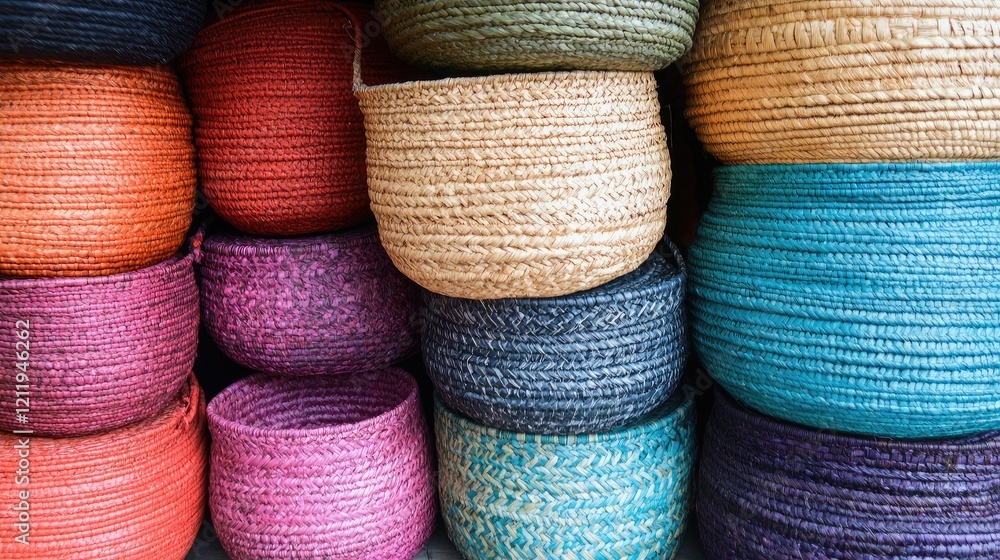 Poster vibrant stack of colorful woven baskets displayed in a rustic setting