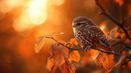 Little owl perched on autumn branch, sunset bokeh background, nature scene, wildlife photography
