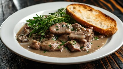 Savory meat in rich gravy garnished with fresh greens and accompanied by crusty bread on white plate rustic wooden backdrop.