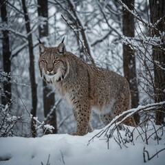 Obraz premium Lynx Prowling Through a Snowy Thicket