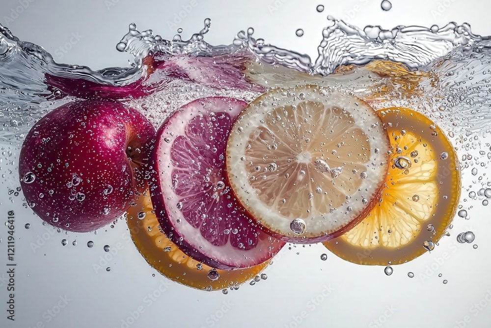 Poster vibrant fruits submerged in sparkling water, creating a refreshing and healthy image ideal for adver