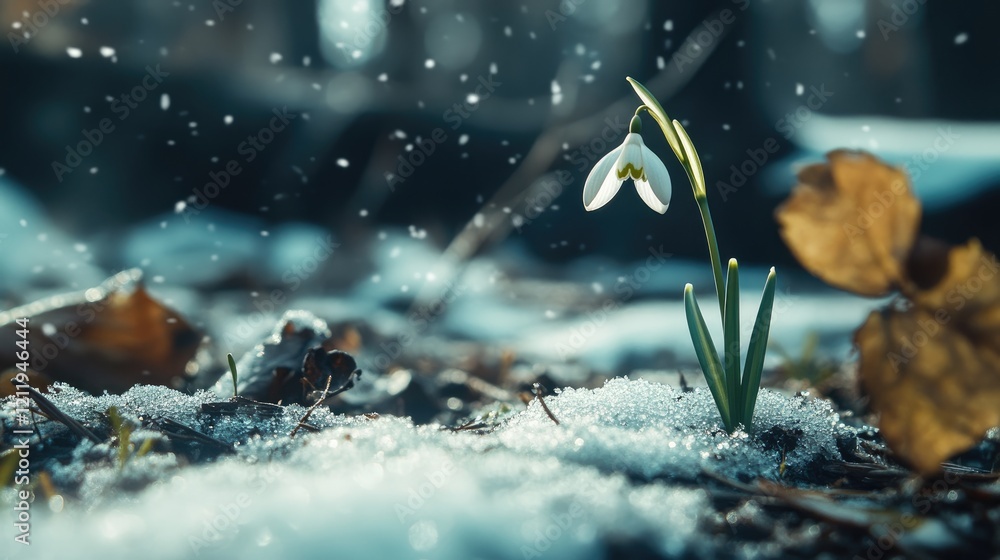 Poster Snowdrop flower emerging through snow in a tranquil spring forest setting with gentle snowfall.