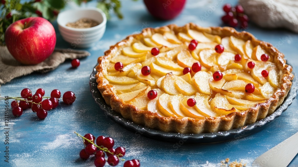 Poster toffee and caramel apple pie with fresh apples and red currants on a rustic blue background with vib