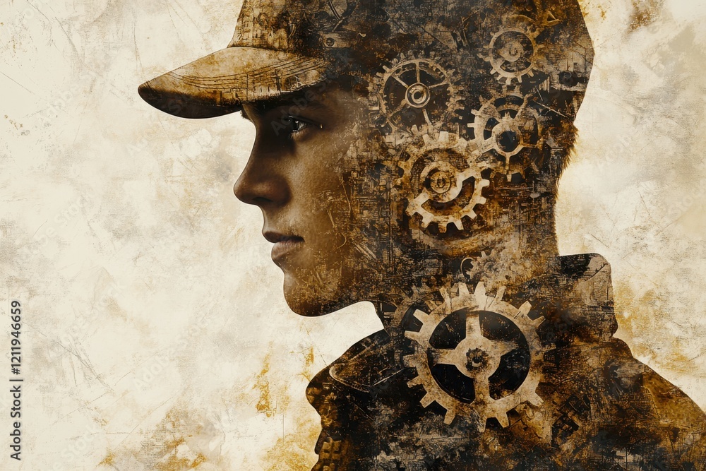 Poster artistic representation of a mechanic with gears and industrial texture blending into a gritty backg