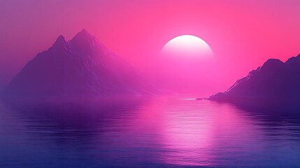Pink Sunset Over Mountains and Calm Water