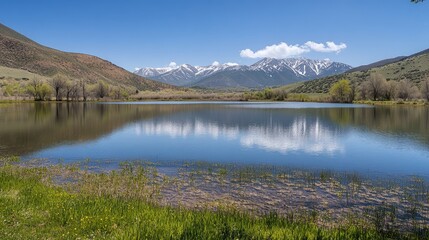 Serene spring mountain lake with clear reflections and snow-capped peaks under a blue sky in a tranquil natural landscape
