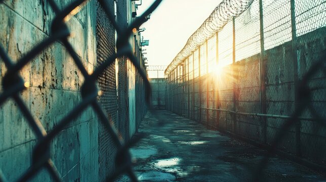 A serene scene of a prison facility, reflecting on the complexities of the criminal justice system