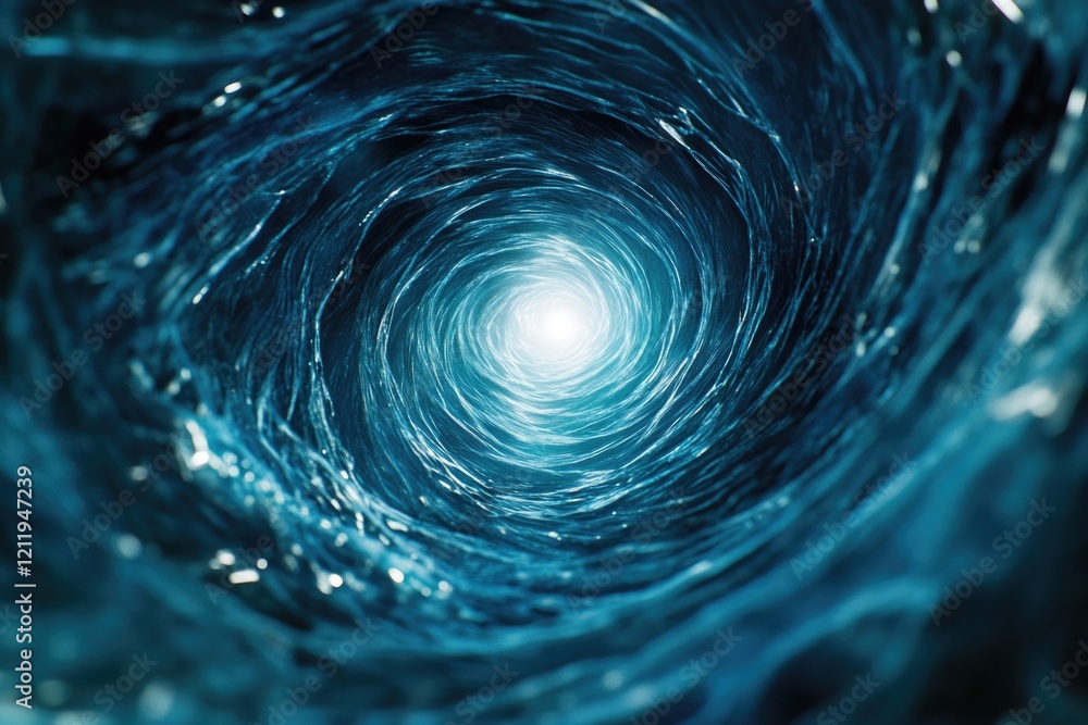 Poster a swirling blue tunnel with a light at the end, suitable for use in illustrations about hope or guid