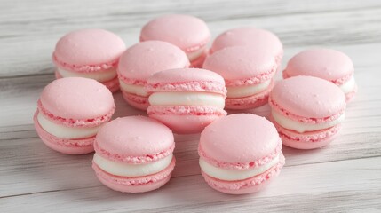 Obraz premium Delicious Pink Macaroons Arranged on a Rustic Wooden Surface Ideal for Dessert and Bakery Themes