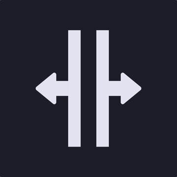 Two white arrows pointing in opposite directions from two vertical parallel lines, symbolizing a two way decision or process