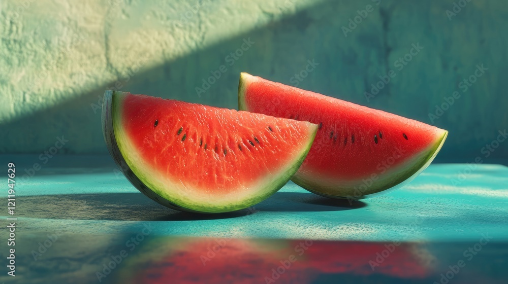 Poster fresh watermelon slices beautifully arranged on a colorful surface with subtle shadows and textures.