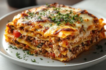 A warm and inviting plate of lasagna on a wooden table, perfect for a cozy dinner or gathering