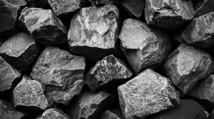 Black and white stones piled together creating a textured pattern suitable for construction or decorative purposes
