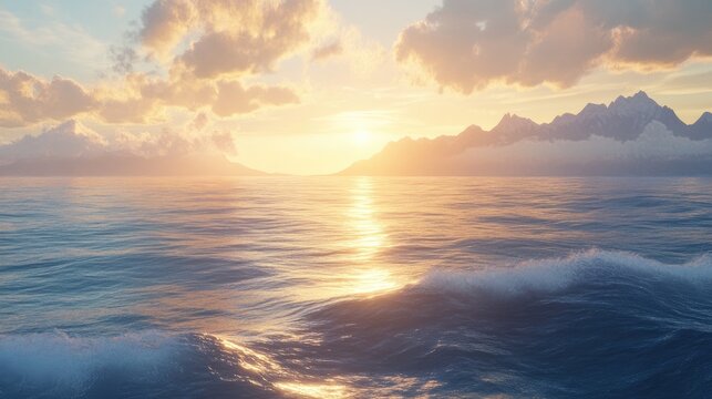Serene twilight over ocean waves reflecting golden sunset hues with distant mountains under a colorful sky