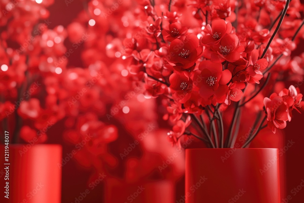 Poster a bouquet of red flowers arranged in a matching red vase