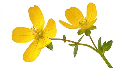 Delicate yellow wildflower with bright petals and green leaves isolated on a white background showcasing natural beauty and elegance.