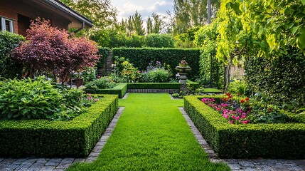 A symmetrical garden with neatly trimmed hedges and geometric flower beds