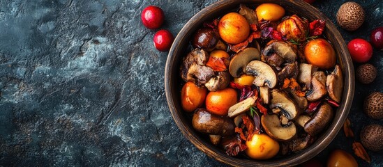 Autumn seasonal dish featuring bright yellow persimmons, rich brown mushrooms, and red cranberries in a rustic wooden bowl on dark textured stone background