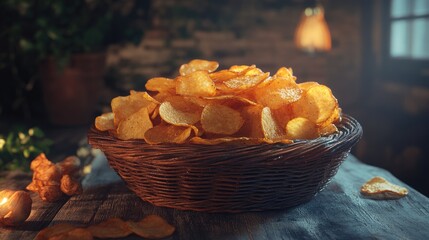 crispy golden potato chips in a rustic basket on a wooden table with soft lighting creating a cozy snack atmosphere