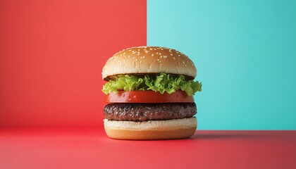 Juicy Cheeseburger on Bright Red and Blue Background