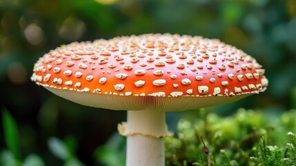 Obraz premium Vibrant Toadstool Mushroom in Forest with Blurred Treetops Highlighting Nature's Beauty and Preservation Efforts