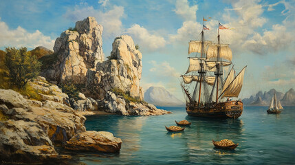 A pirate ship anchored near a rocky island, with treasure being carried to shore in small boats