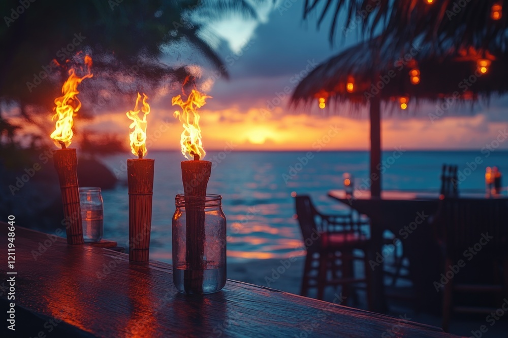 Poster three torches placed on a table with a warm sunset glow in the background