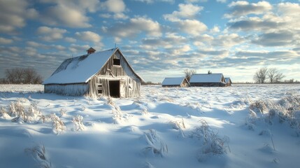 Winter landscape featuring snow-covered fields with rustic barns under a cloudy sky reflecting a peaceful rural atmosphere.