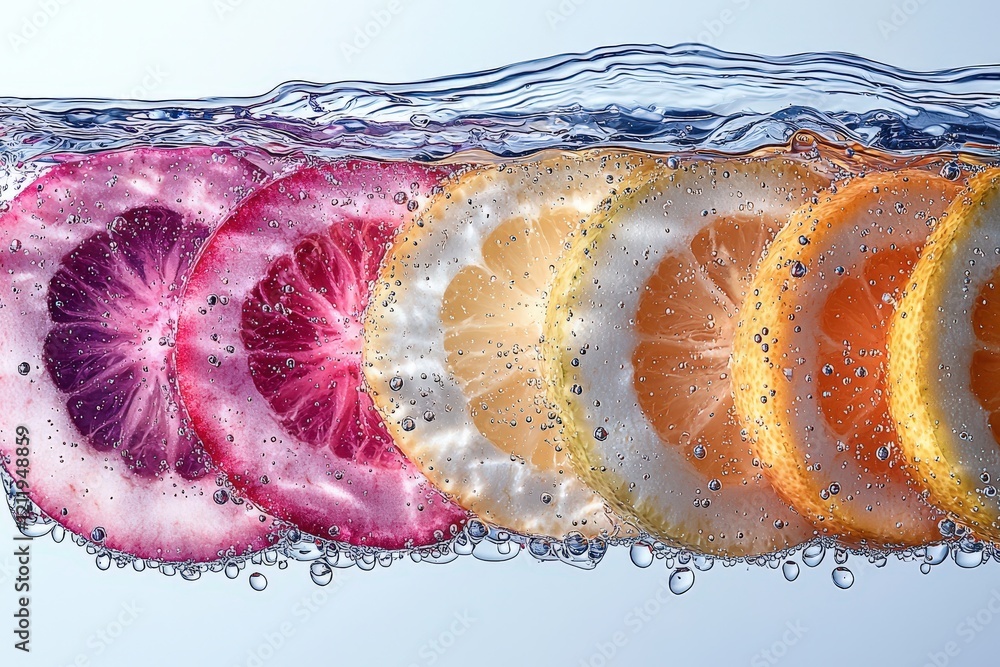 Poster vibrant citrus fruit slices submerged in sparkling water, creating a refreshing and visually appeali