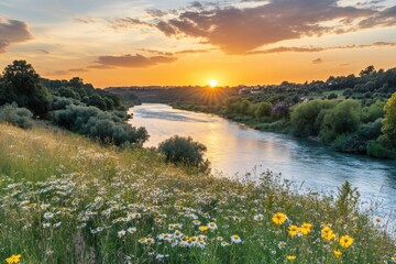 Breathtaking Wide Shot of a Rehabilitated River at Golden Hour with Wildflowers Blooming Along the Banks, Captured in Stunning Detail During a Peaceful Evening