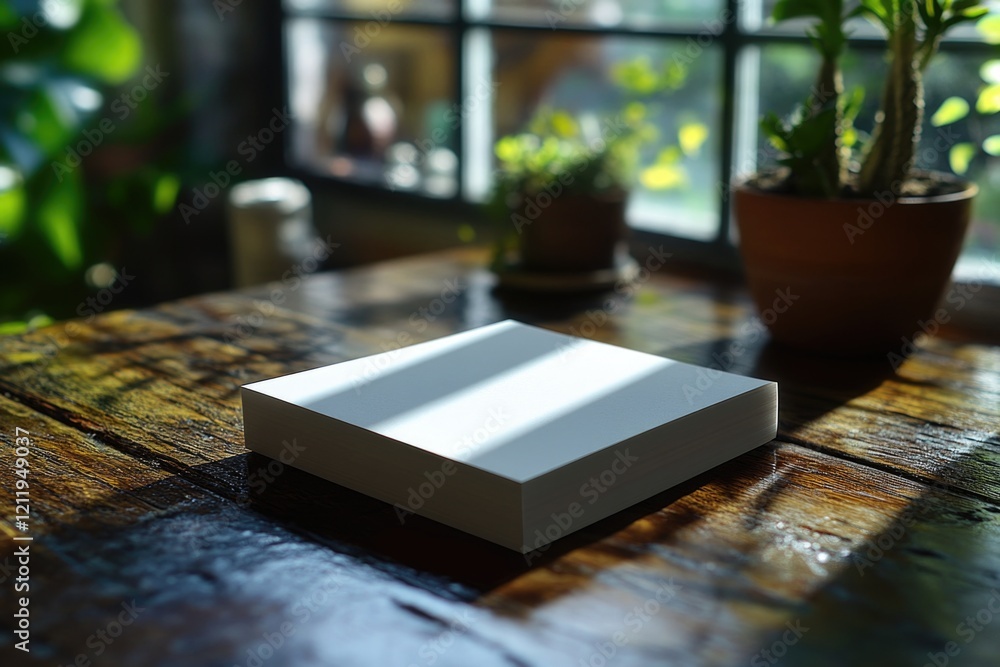 Poster a small white box sits on top of a wooden table, ideal for use in still life photography or as a pro