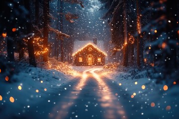 Fototapeta premium A cozy house surrounded by snow-covered trees, ideal for winter scenes or rural settings
