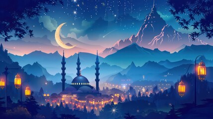 A stunning Ramadan Karim poster from Lebanon featuring mountains, a mosque, and lanterns, blending natural beauty with spiritual elegance and charm.