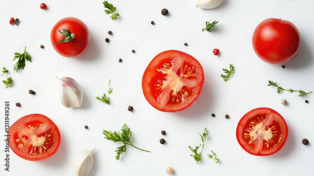 Poster fresh tomatoes sliced with garlic and assorted spices on a clean white background for culinary and f